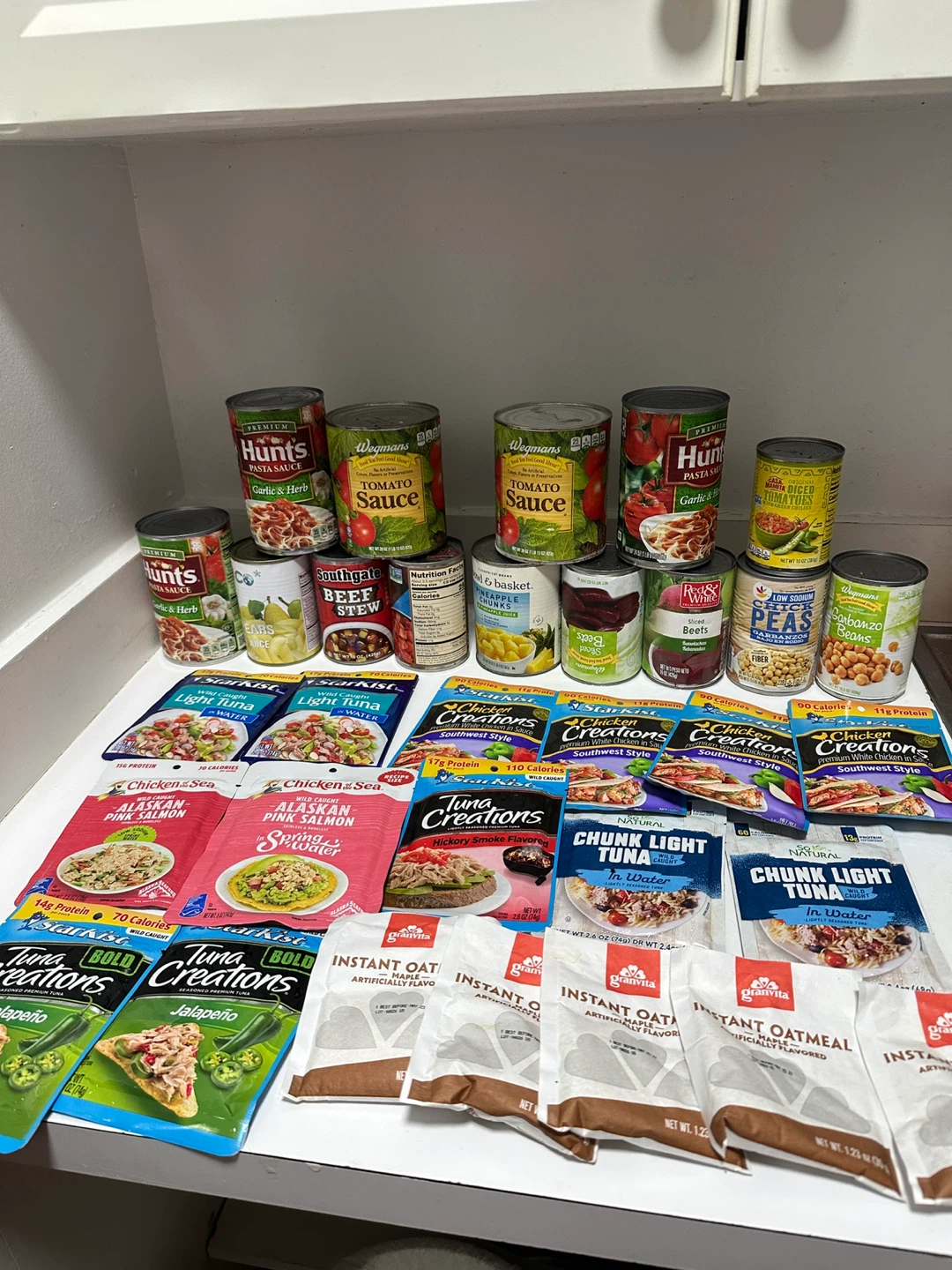 Lot of Canned Goods and Pouches - Tuna, Chicken, Oats, Veggies