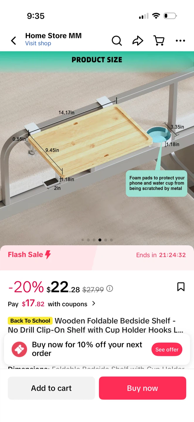Wooden Foldable Bedside Shelf with Cup Holder - photo 3