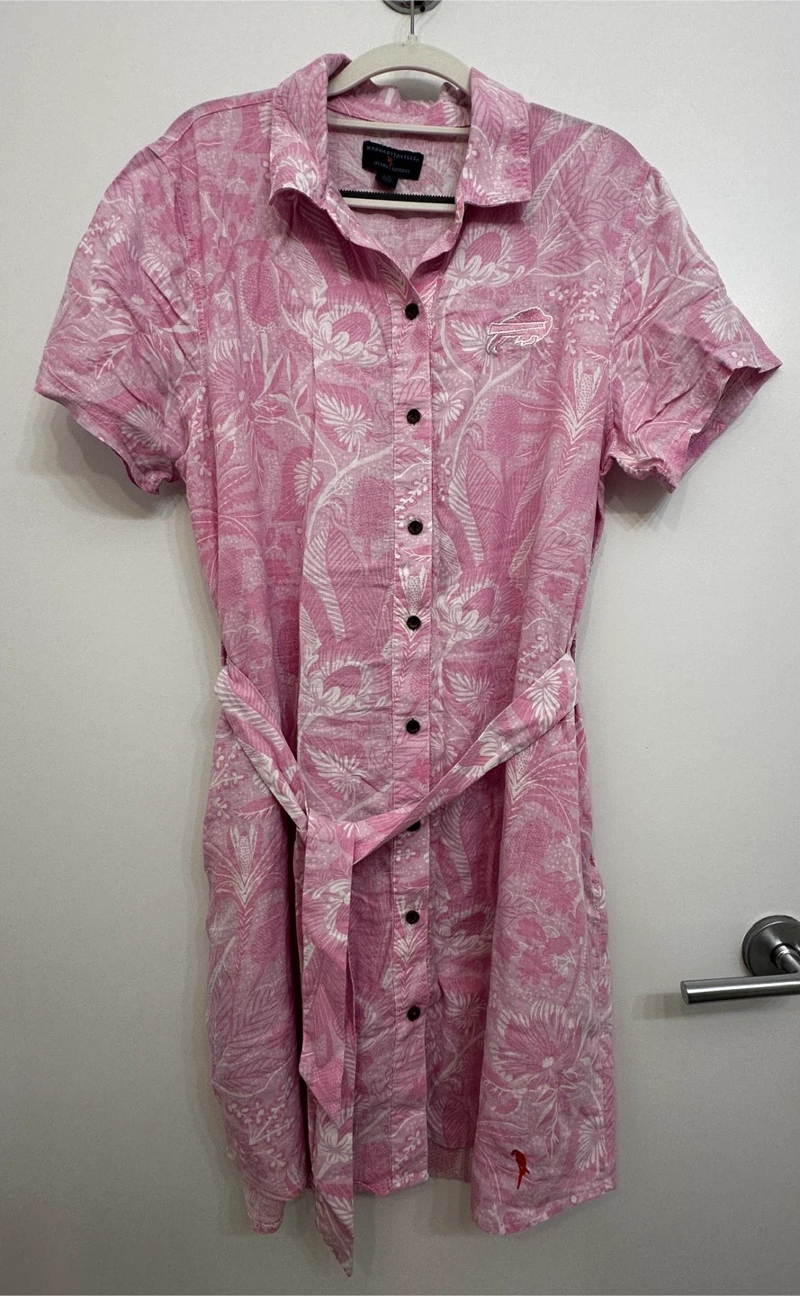 Linen Pink Floral Shirt Dress- Size L