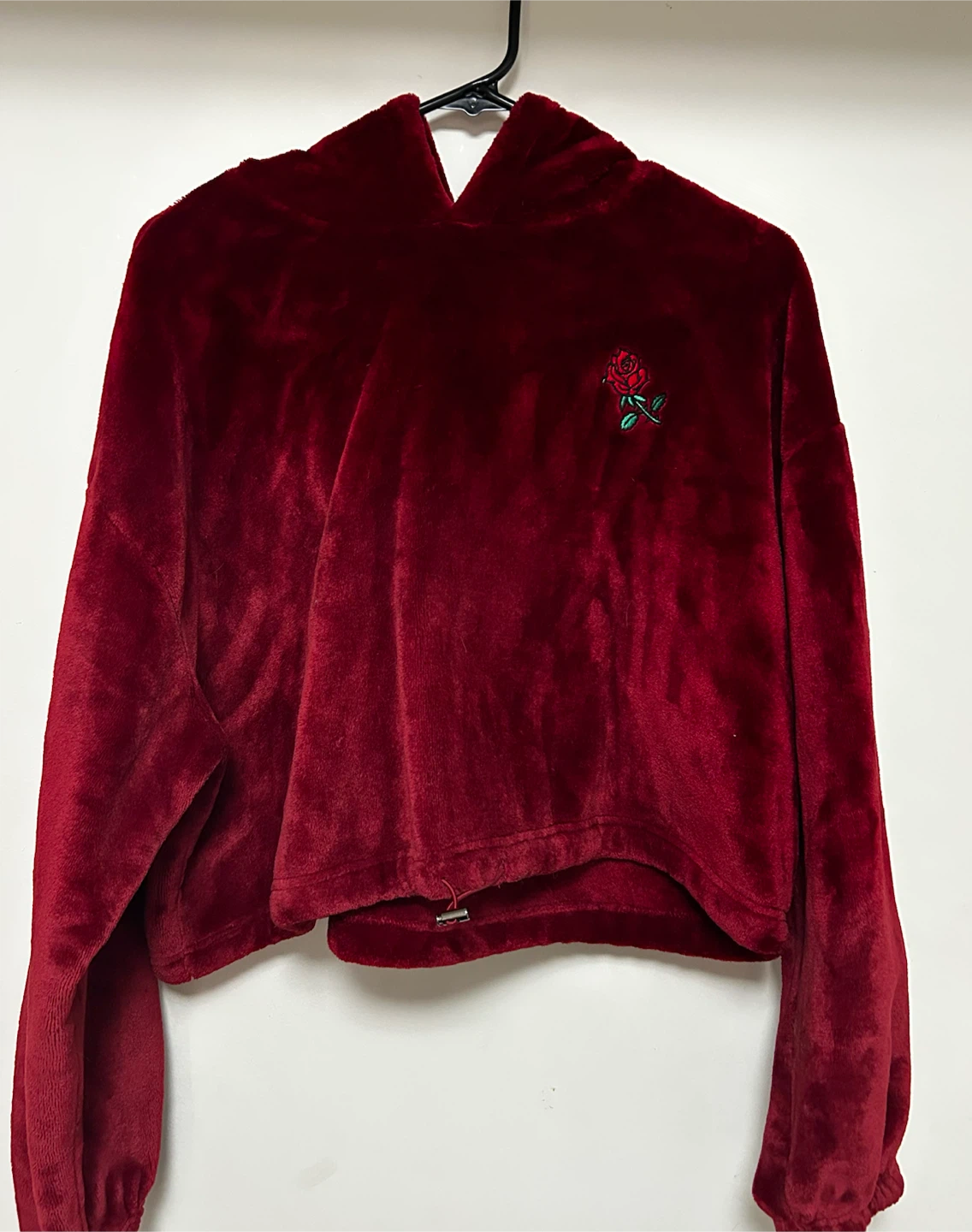 Red Velvet Hoodie with Rose Embroidery