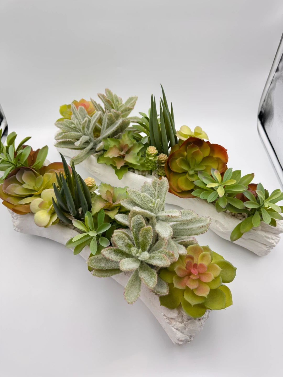 Set of 2 Artificial Succulent Planters in a White Cement Log