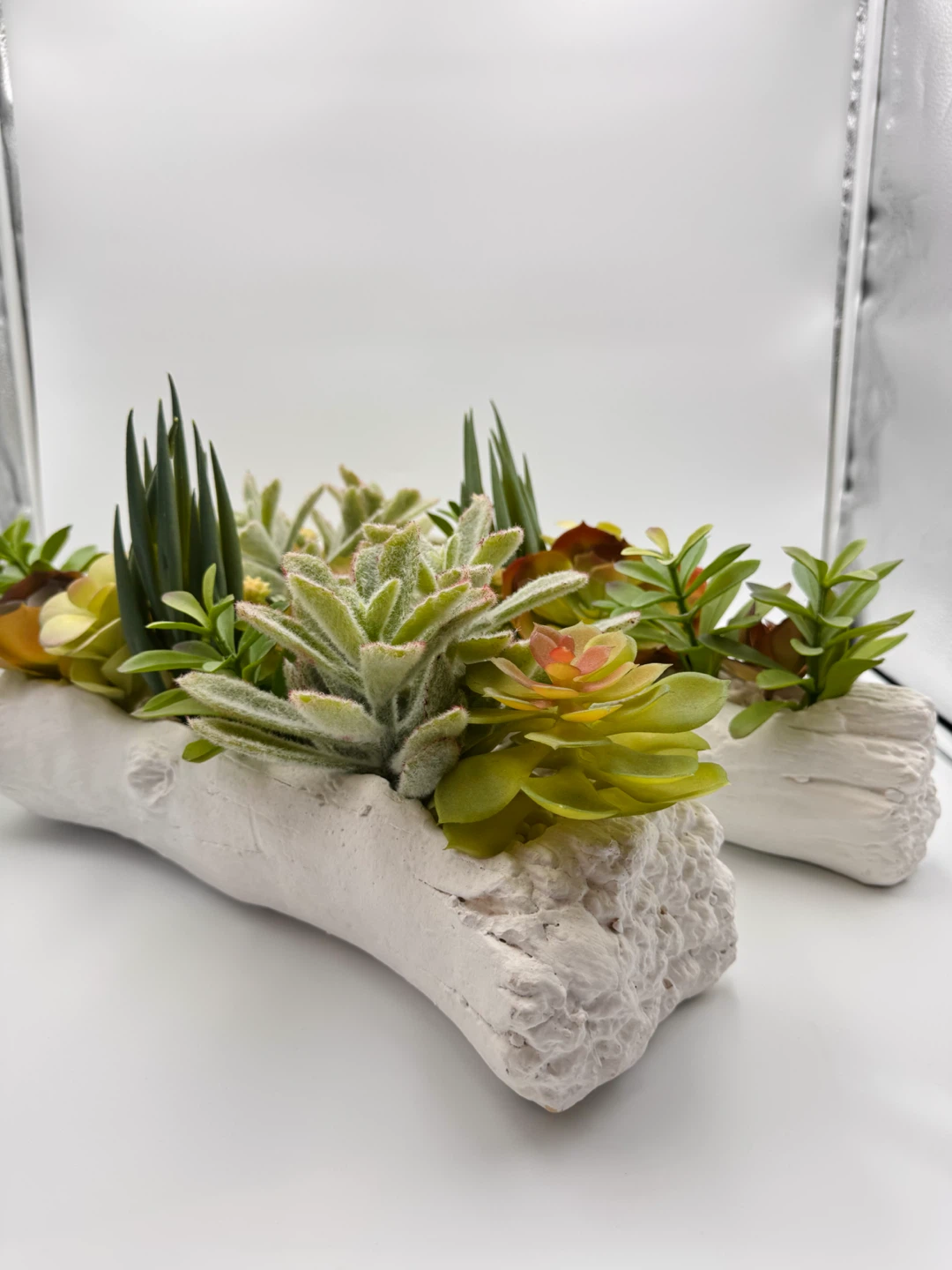 Set of 2 Artificial Succulent Planters in a White Cement Log - photo 4