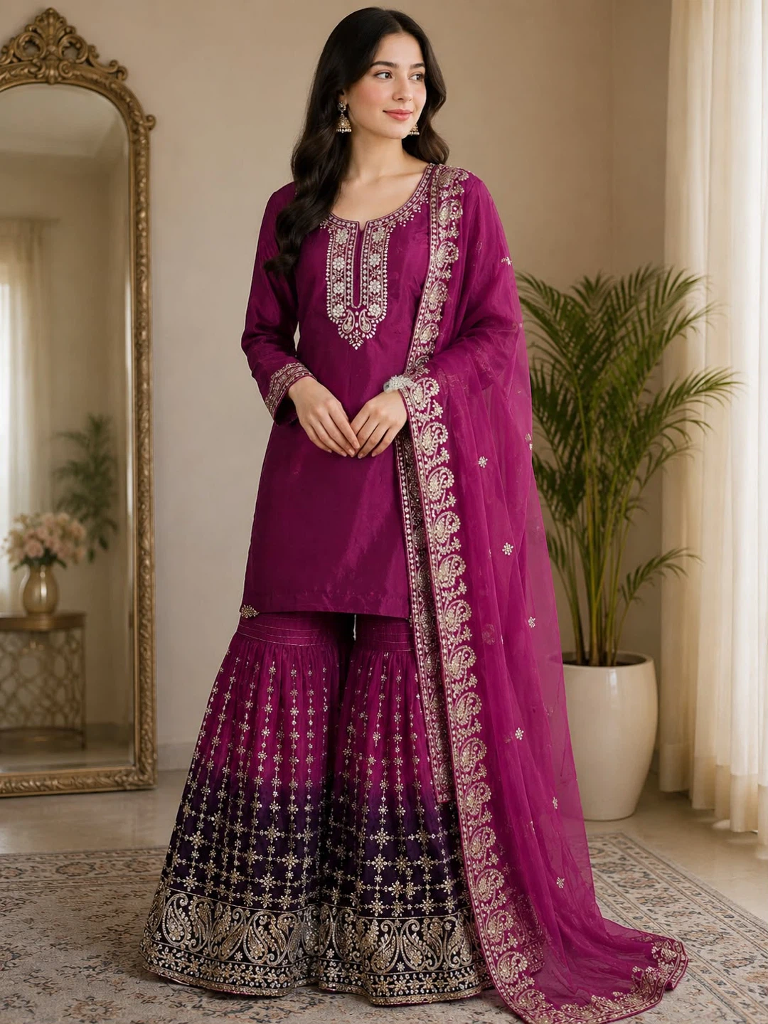 Women's Embroidered Kurti Sharara Set
