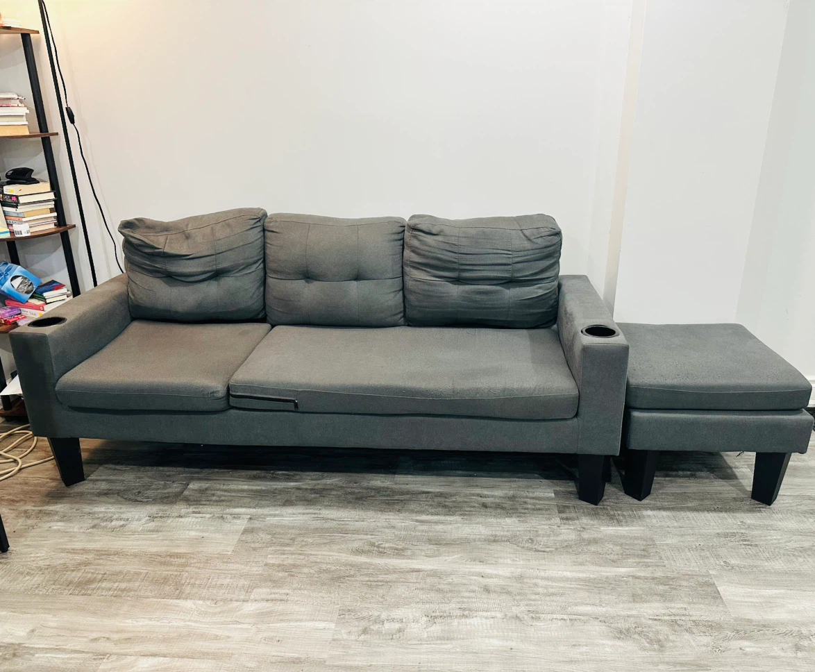 Grey Fabric Sofa with Ottoman and Cup Holders