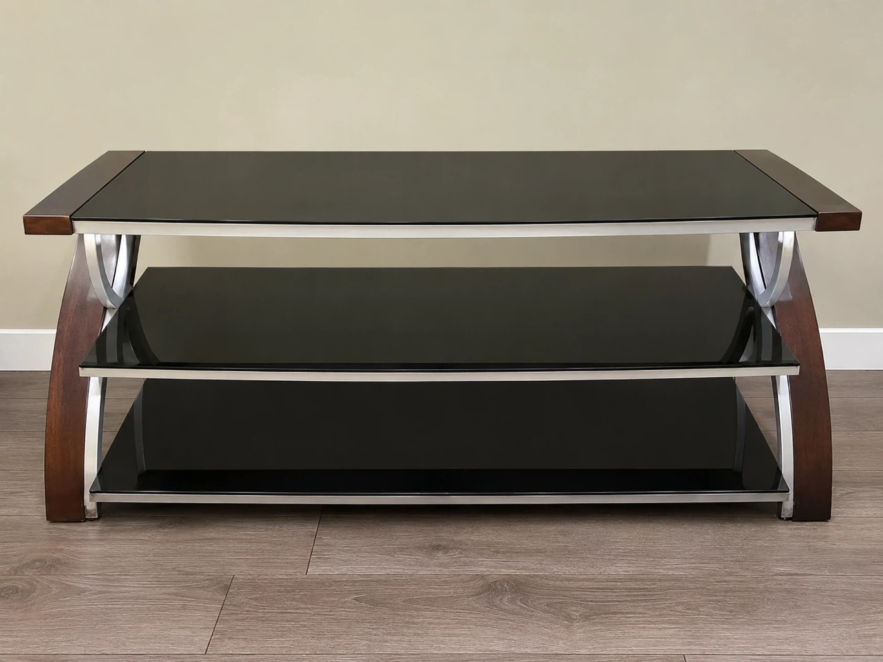 2-Tier Entertainment TV Stand - Black Glass & Wood Finish