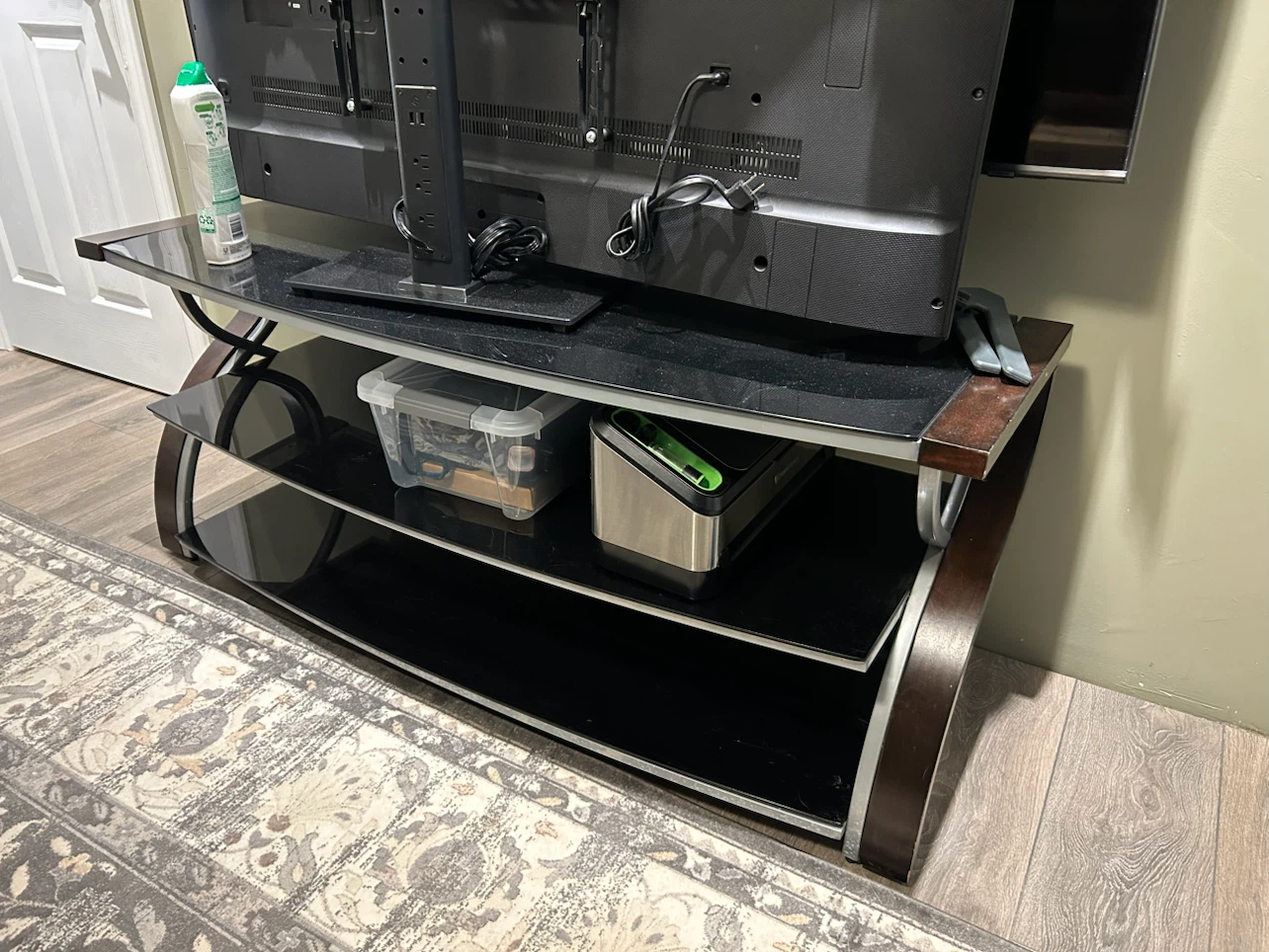 2-Tier Entertainment TV Stand - Black Glass & Wood Finish - photo 2