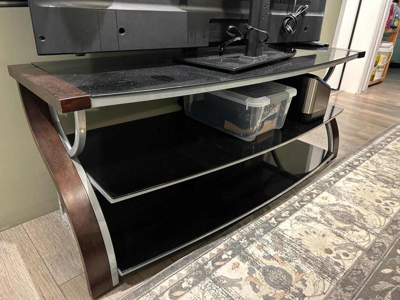 2-Tier Entertainment TV Stand - Black Glass & Wood Finish - photo 3