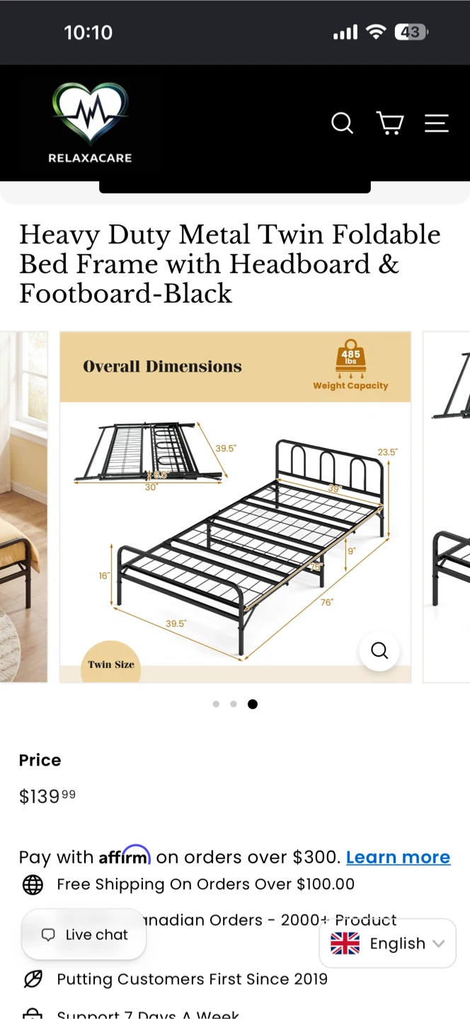 Relaxacare Heavy Duty Metal Twin Foldable Bed Frame