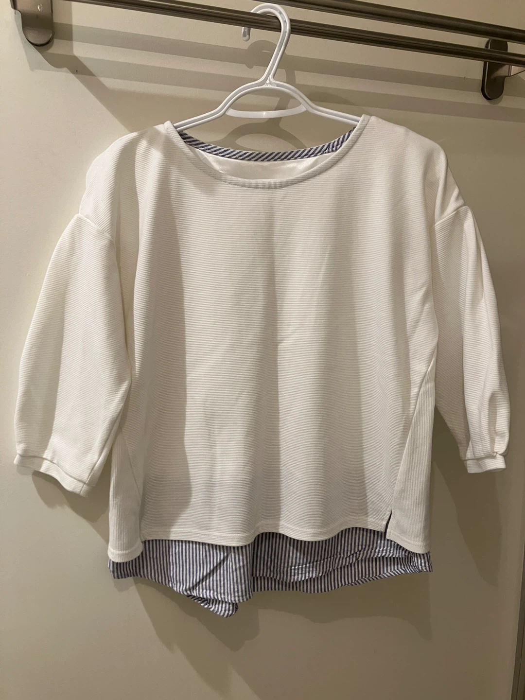 White Textured 3/4 Sleeve Top with Blue Striped Hem