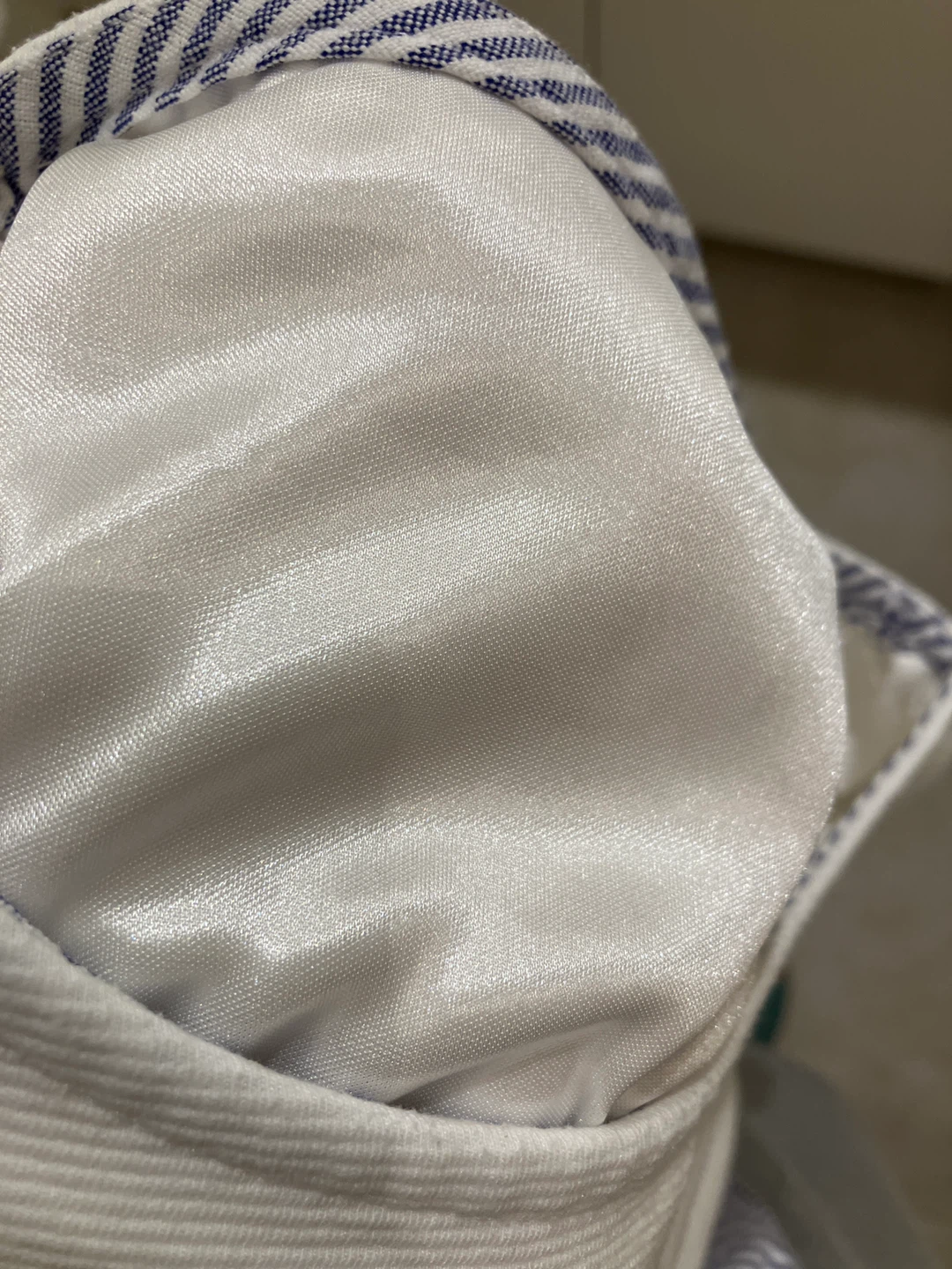 White Textured 3/4 Sleeve Top with Blue Striped Hem - photo 2