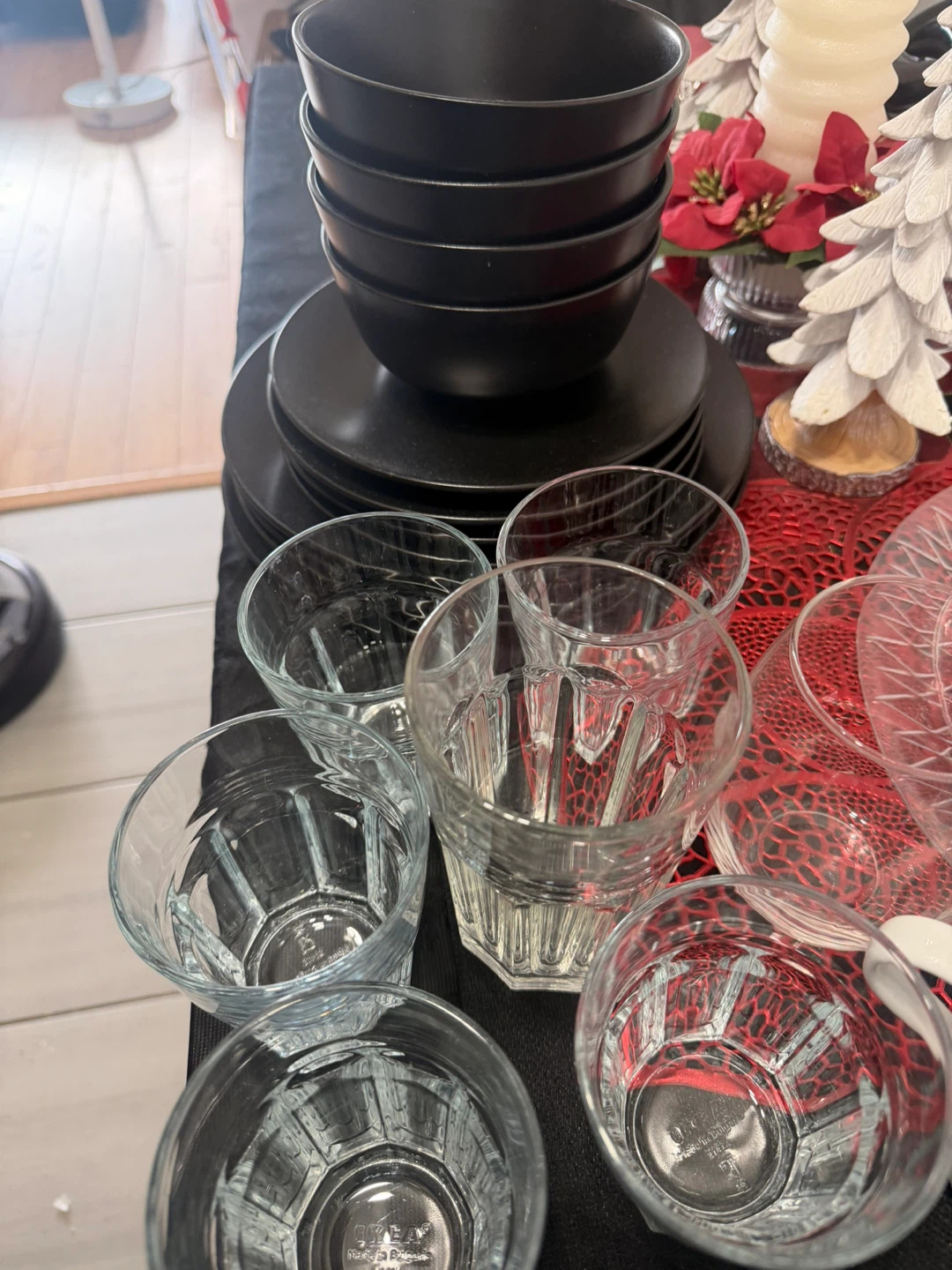 IKEA Black Dinnerware Set with Bowls and Glasses