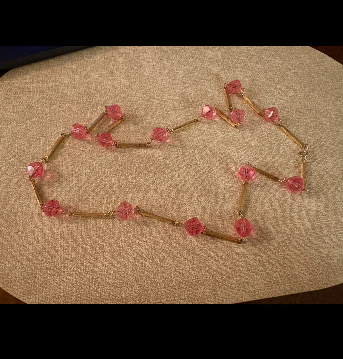 Long Pink Faceted Bead & Gold-Tone Bar Necklace