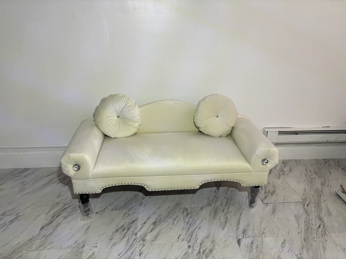 Cream or Salmon Velvet Loveseat with Bolster Pillows