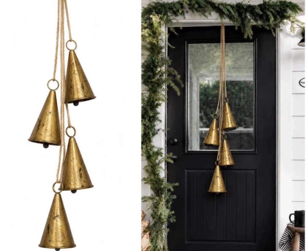 Lucky Rustic Christmas Bells, Gold with Jute Rope