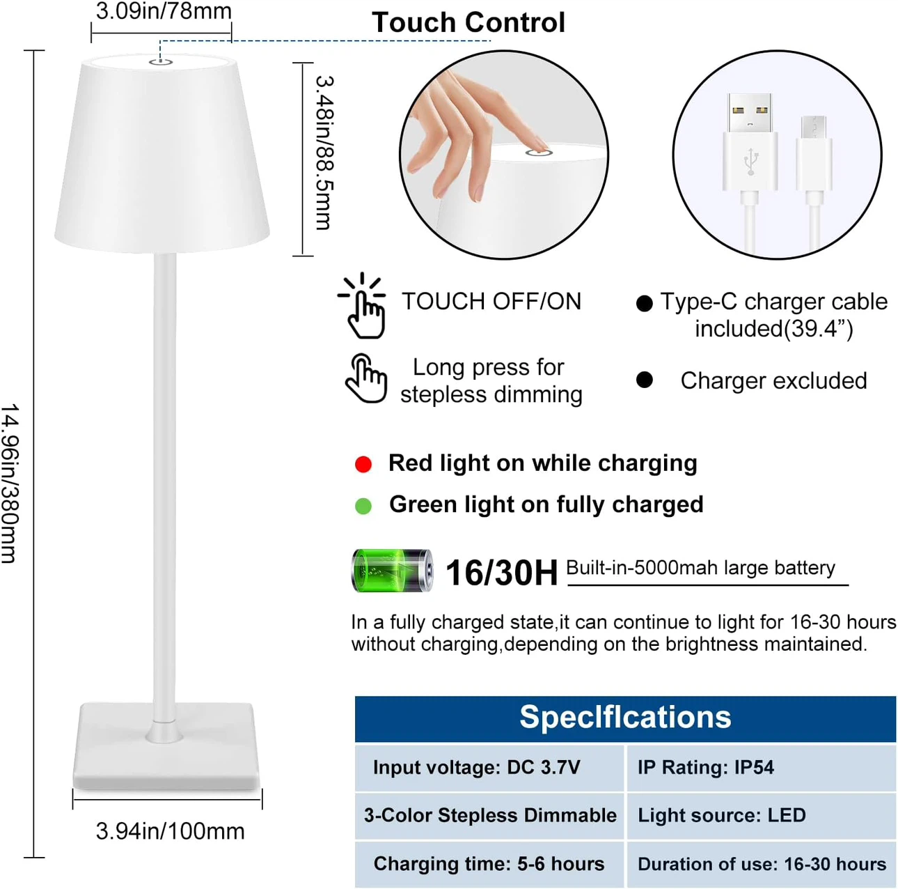White LED Touch Control Table Lamp - Portable & Rechargeable - photo 2