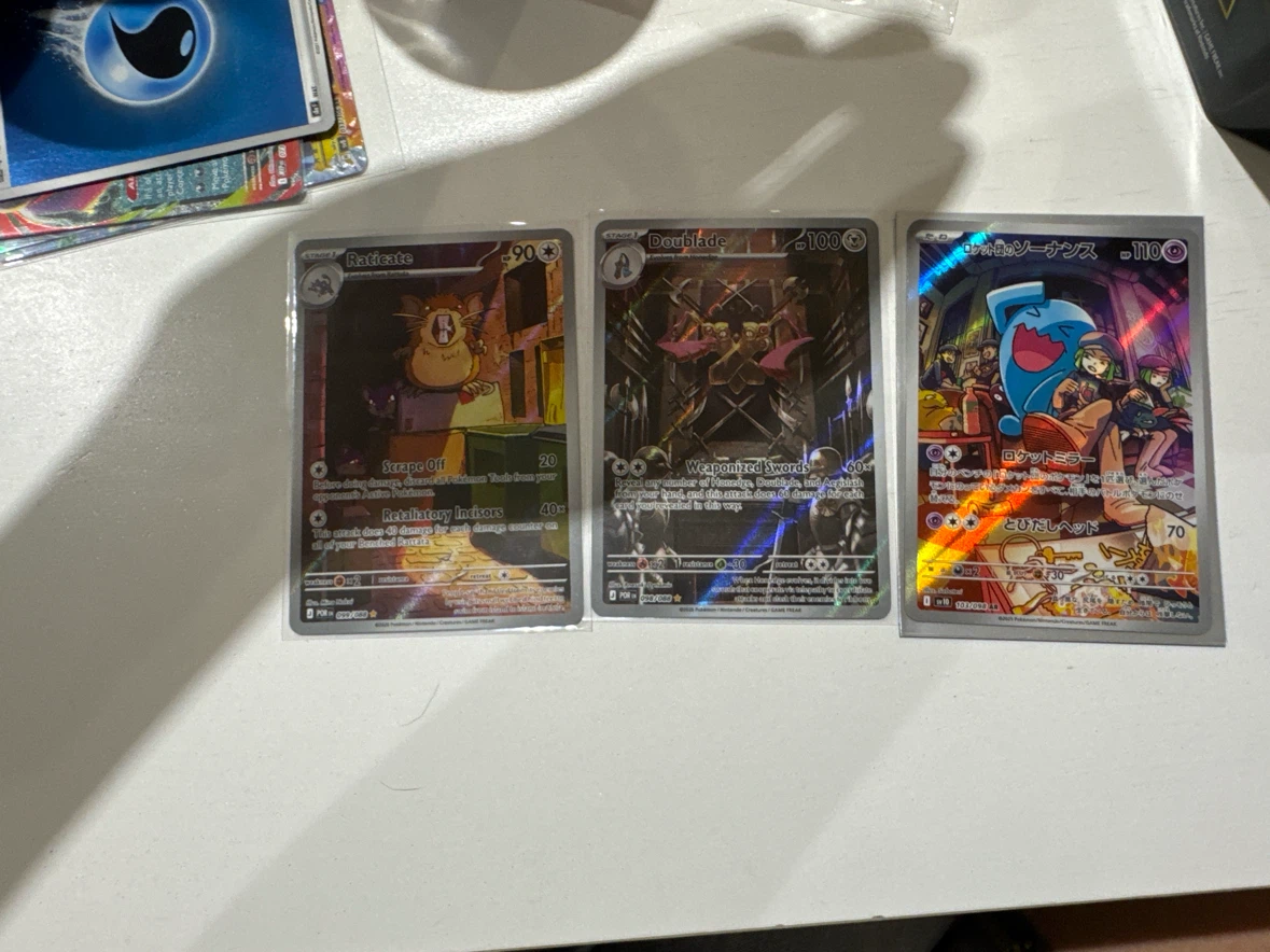 3 Pokémon Trading Cards - Raticate, Deoxys, Bellibolt