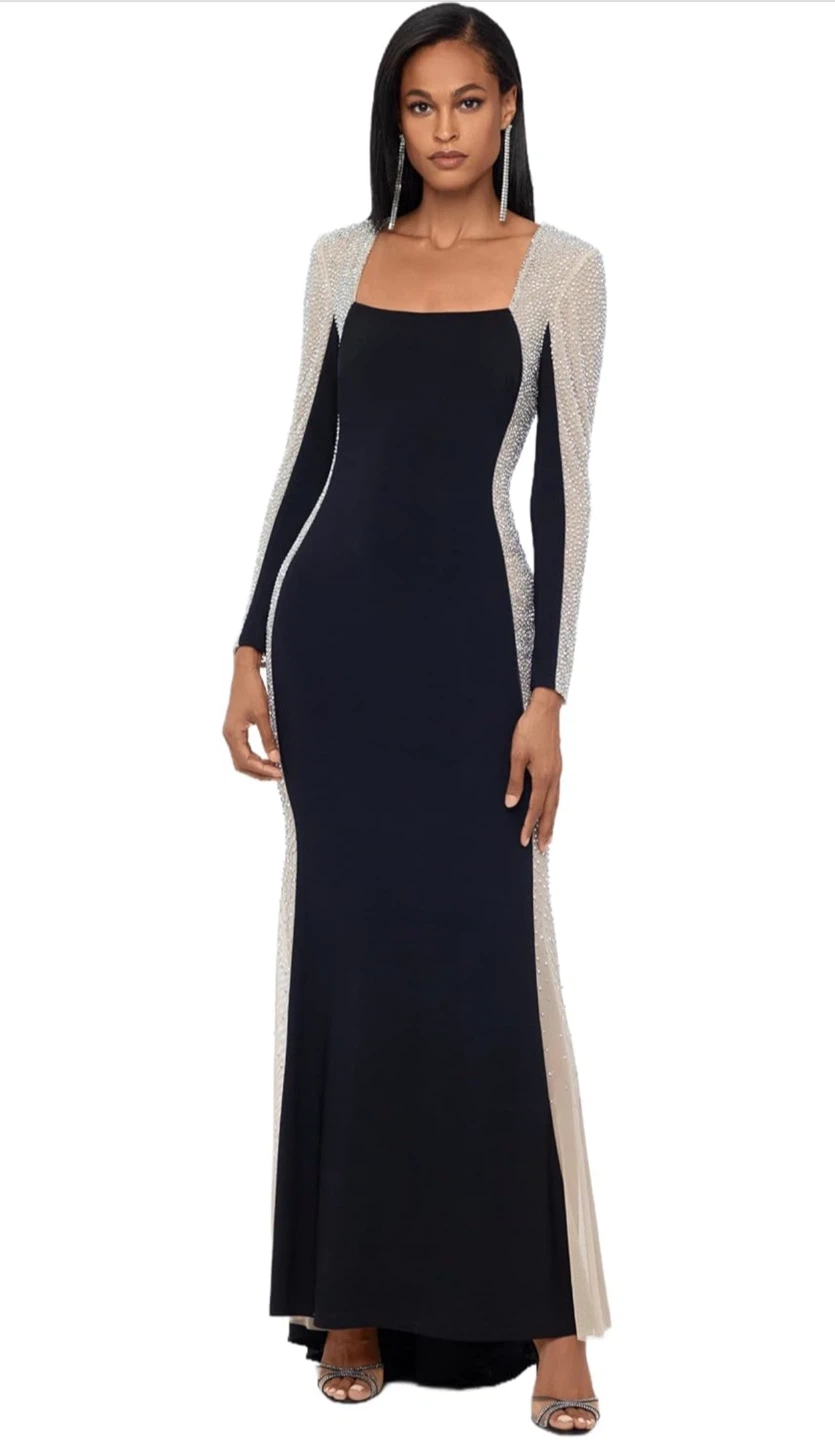 Xscape Womens Long Square Neck Long Sleeve Beaded Gown - photo 2