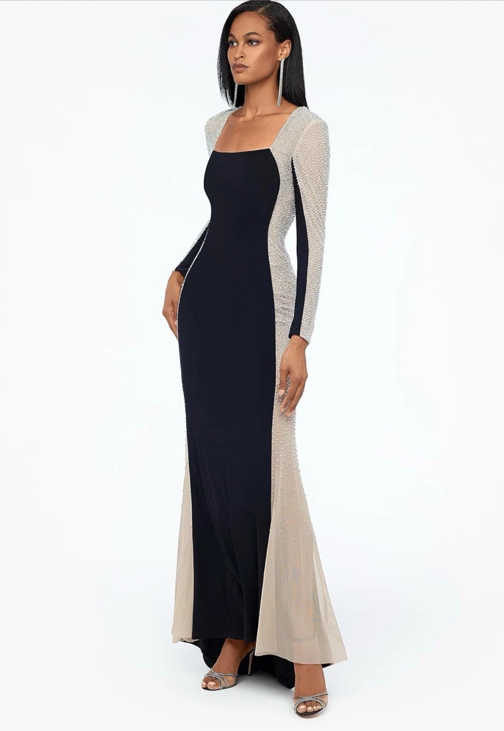Xscape Womens Long Square Neck Long Sleeve Beaded Gown - photo 4