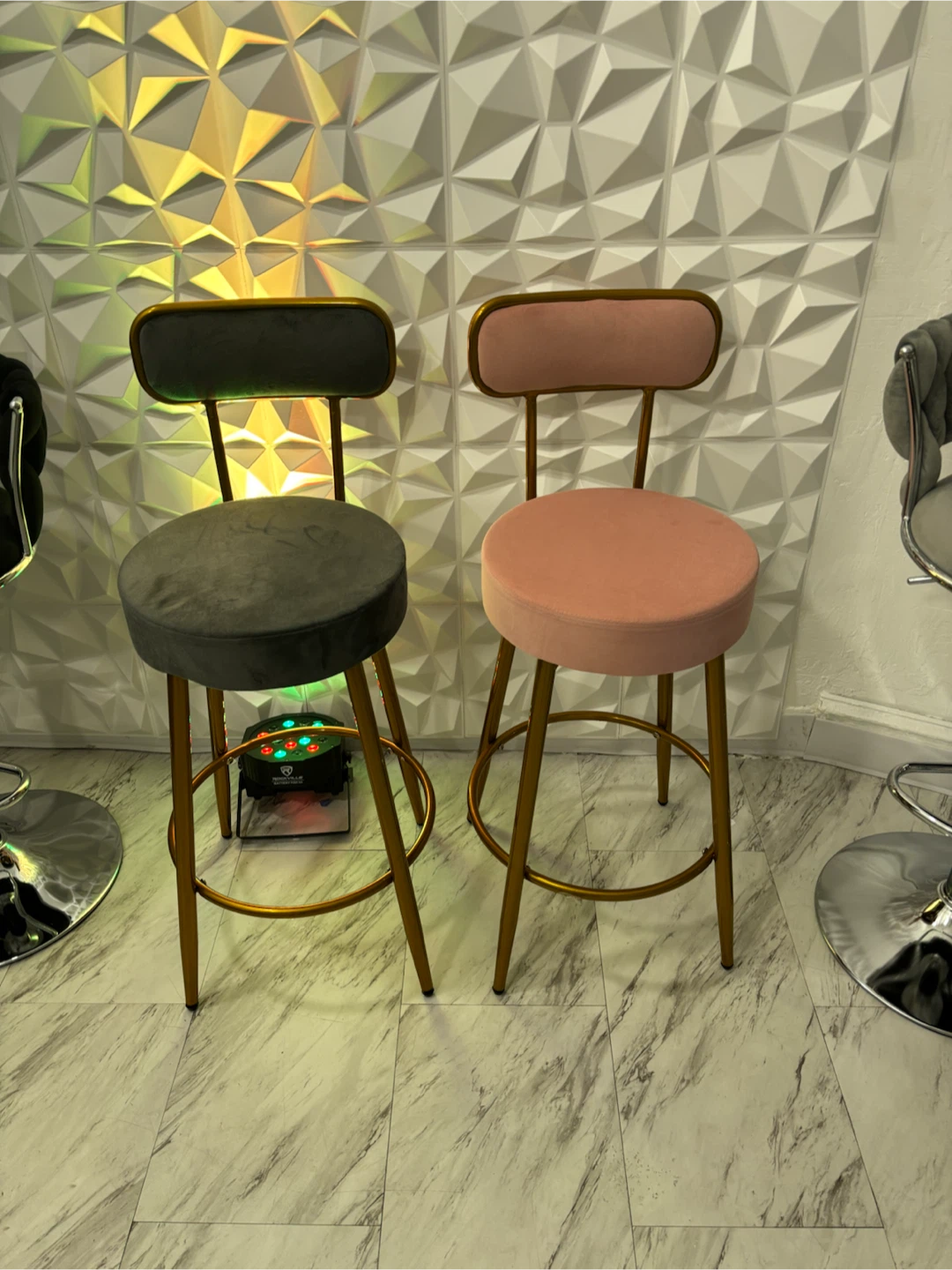 Pink/Grey Velvet Bar Stool with Gold Legs - photo 3