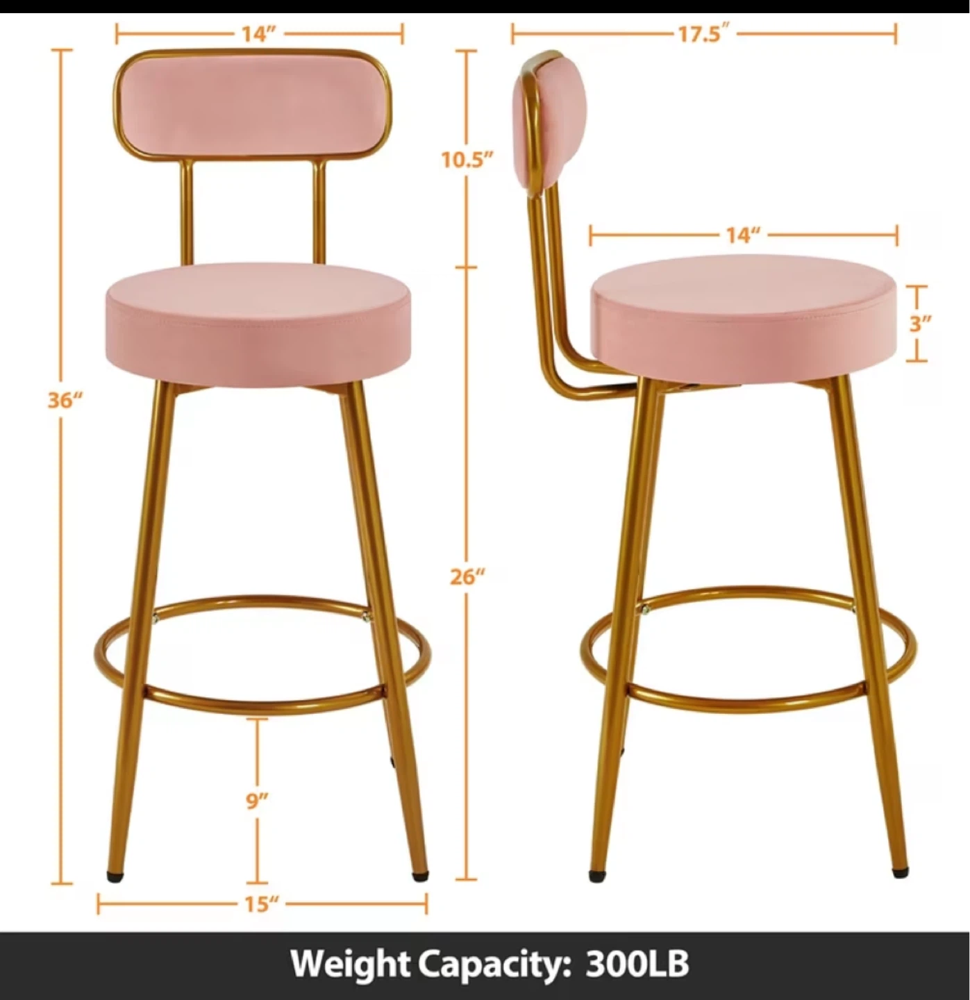 Pink/Grey Velvet Bar Stool with Gold Legs
