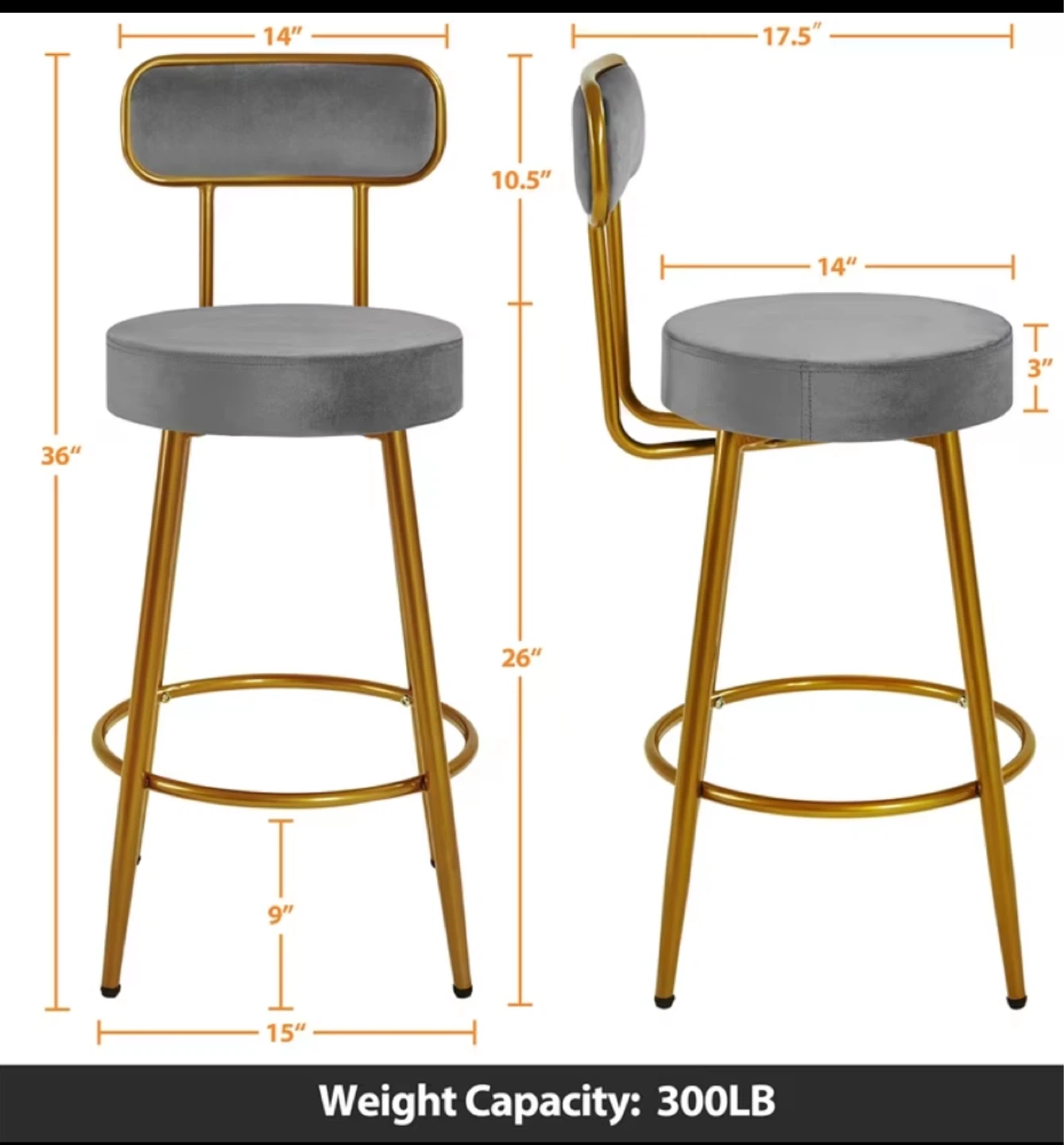 Pink/Grey Velvet Bar Stool with Gold Legs - photo 2