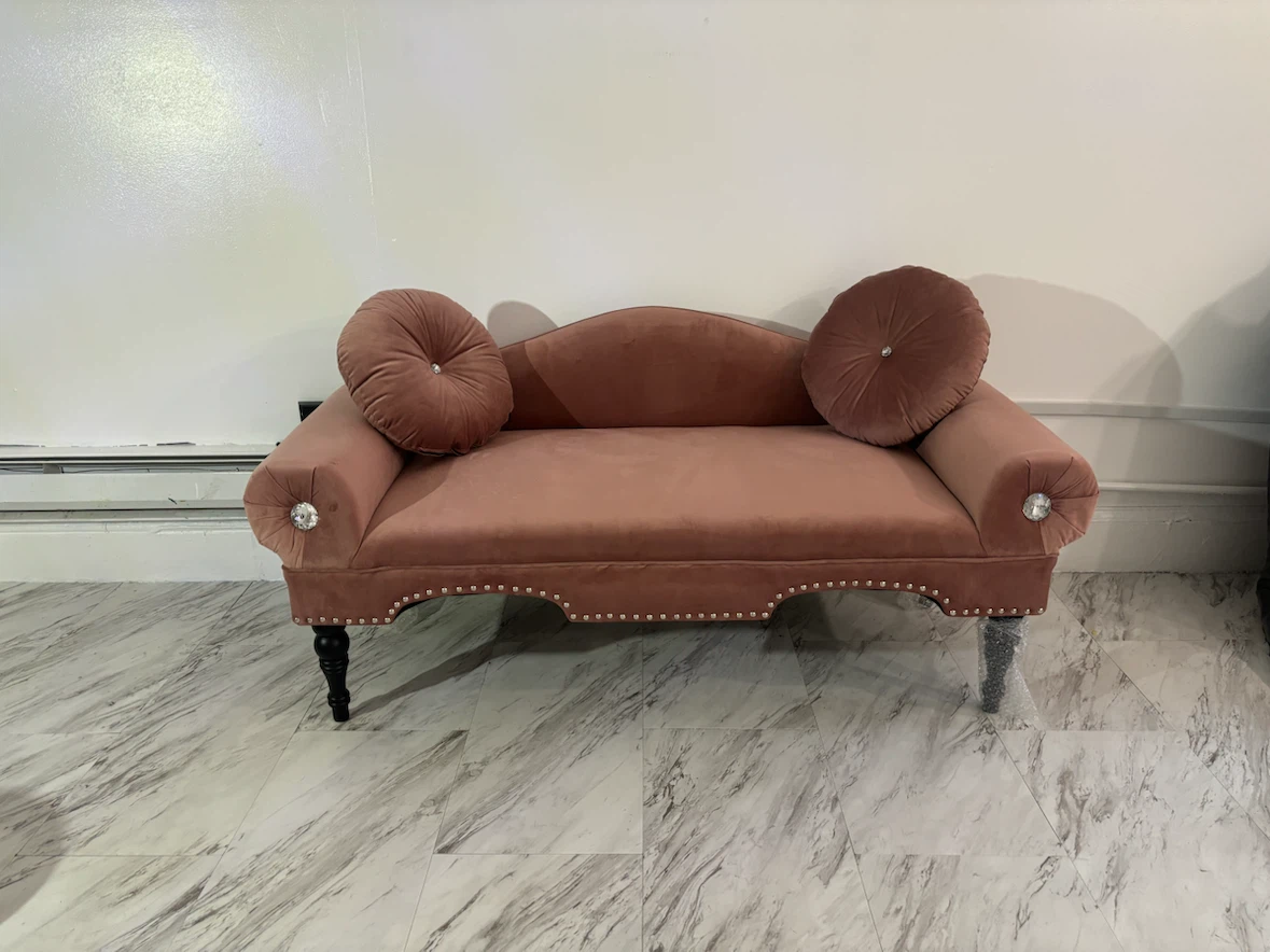 Cream or Salmon Velvet Loveseat with Bolster Pillows - photo 2
