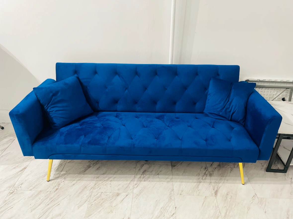 Blue 6ft Velvet Tufted Sofa with Gold Legs