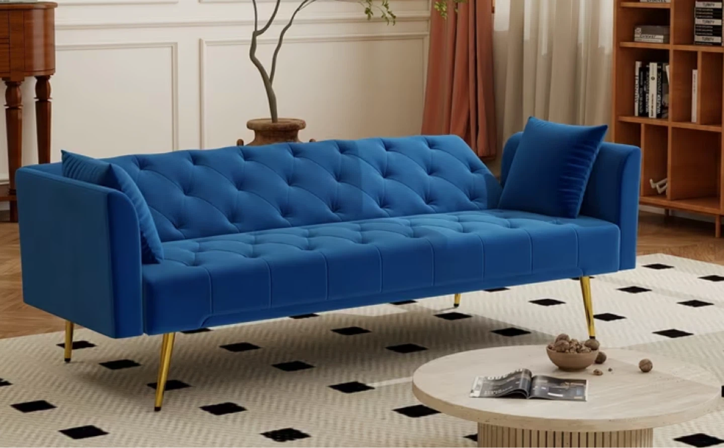 Blue 6ft Velvet Tufted Sofa with Gold Legs - photo 3