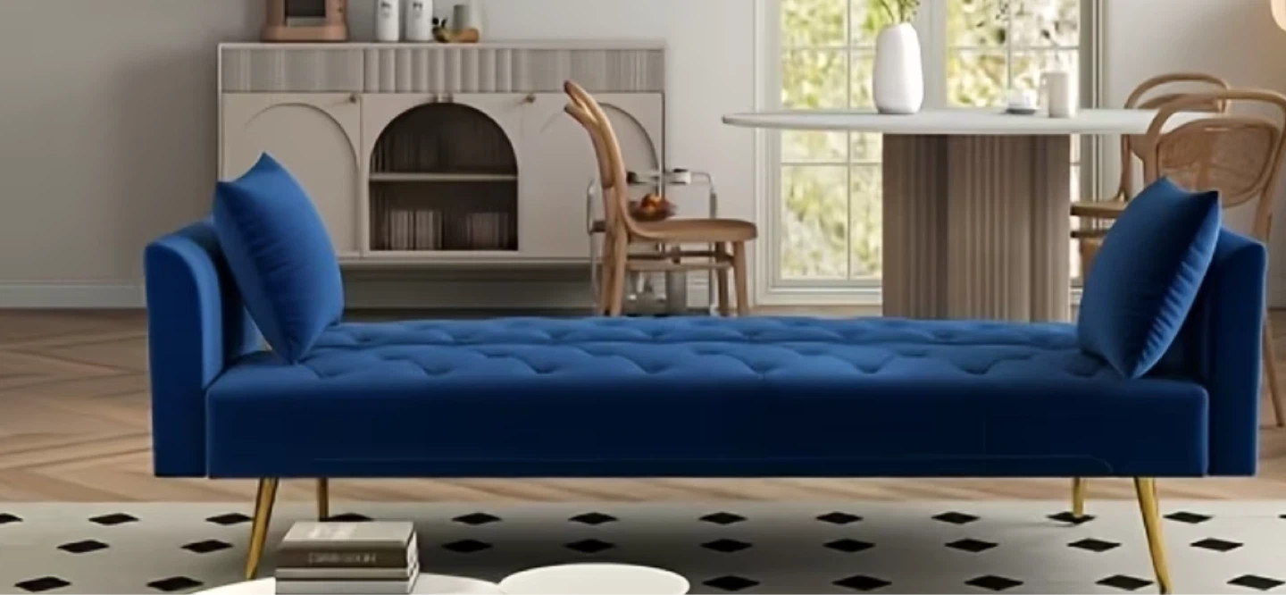 Blue 6ft Velvet Tufted Sofa with Gold Legs - photo 4