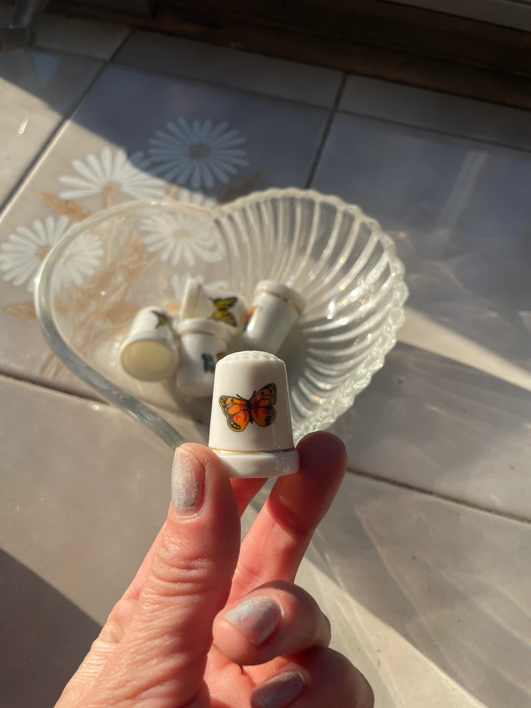 Set of 6 Decorative porcelain Thimbles with Design and gold trim
