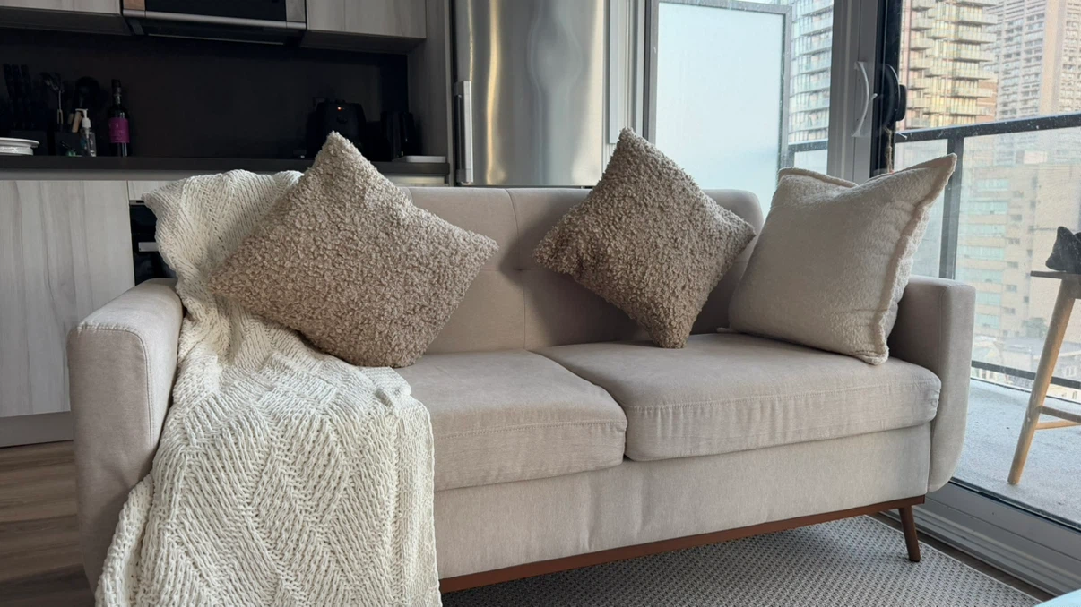 Light Beige Loveseat Sofa with Wood Trims - photo 2