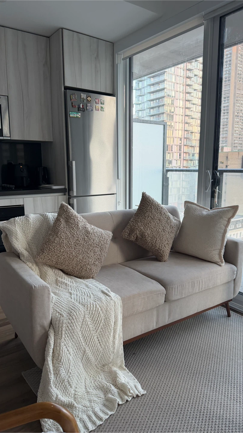 Light Beige Loveseat Sofa with Wood Trims