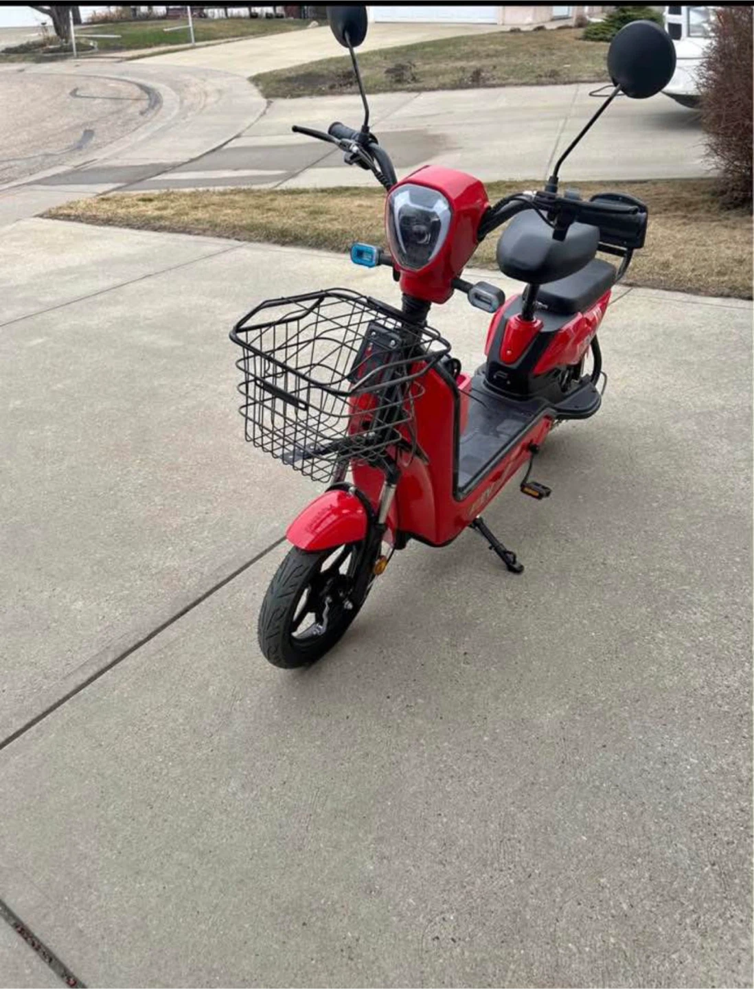 Red Electric Scooter with Basket and seat
