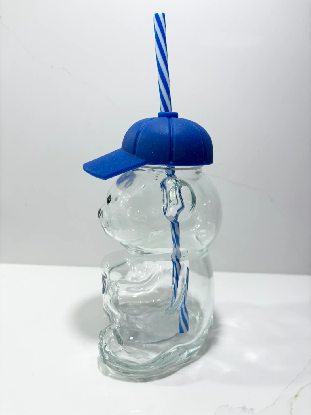 Bear Shaped Clear Glass Tumbler 16.9oz BLUE Cap NWT - photo 2