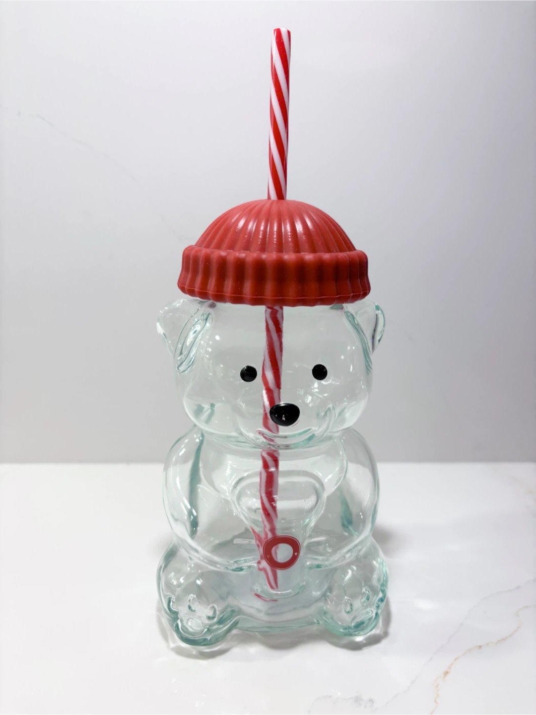 Bear Shaped Clear Glass Tumbler 16.9oz RED Hat & Straw NWT