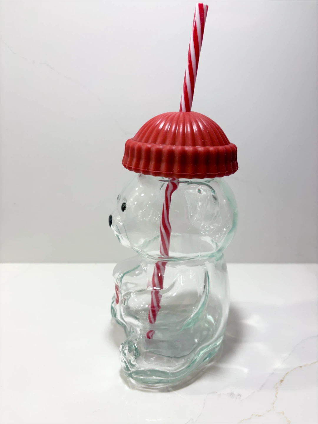 Bear Shaped Clear Glass Tumbler 16.9oz RED Hat & Straw NWT - photo 2