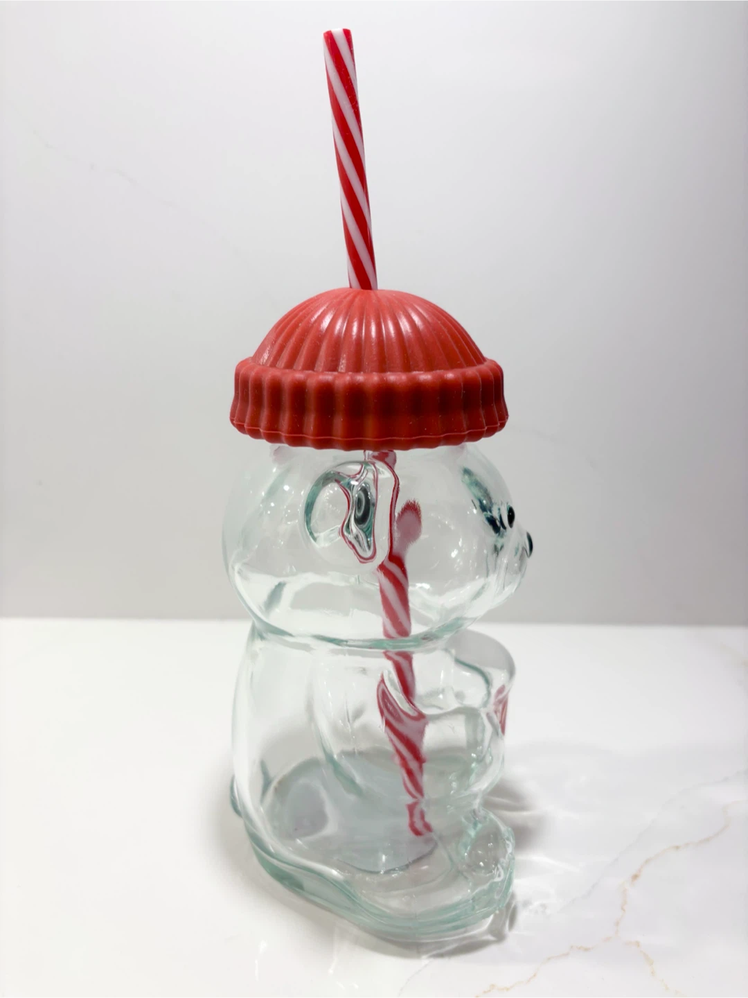 Bear Shaped Clear Glass Tumbler 16.9oz RED Hat & Straw NWT - photo 3