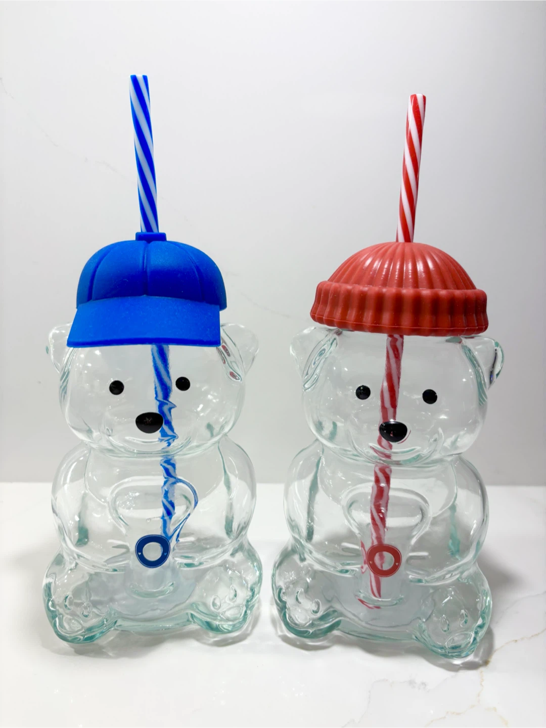Bear Shaped Clear Glass Tumblers (2 Pc) 16.9oz BLUE Cap, RED Hat