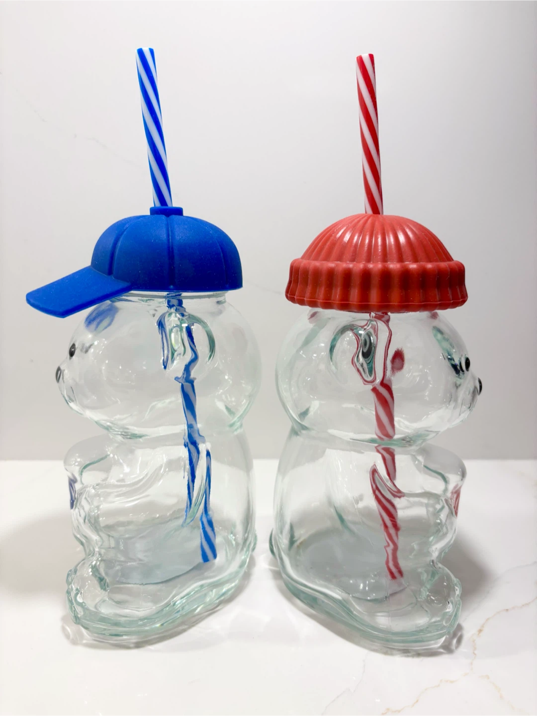 Bear Shaped Clear Glass Tumblers (2 Pc) 16.9oz BLUE Cap, RED Hat - photo 2