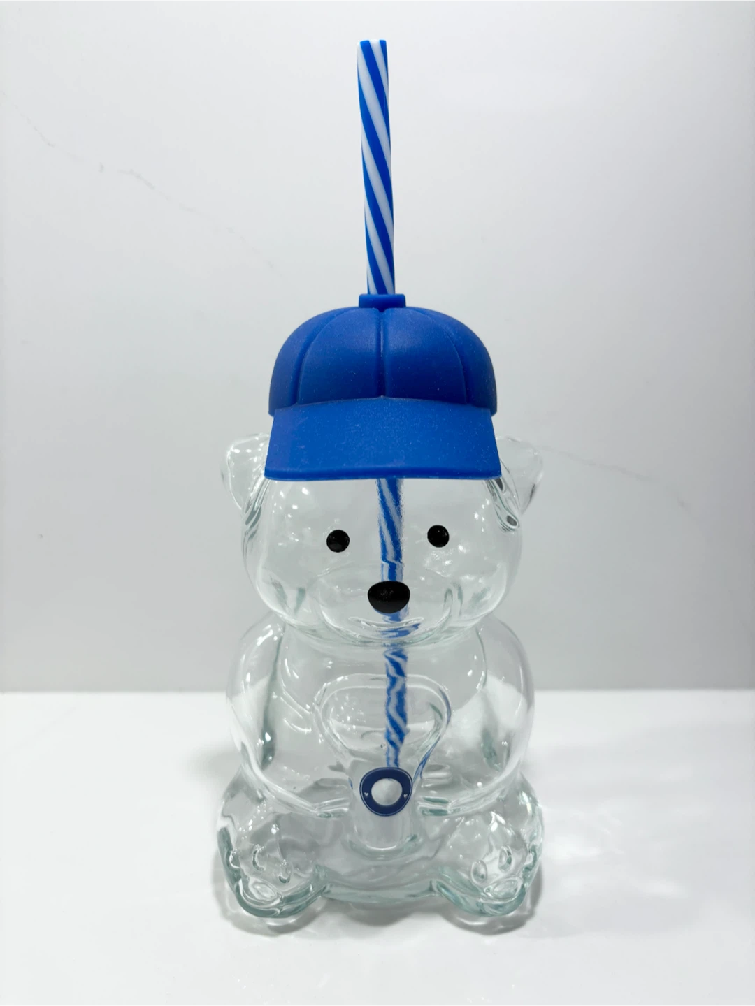 Bear Shaped Clear Glass Tumblers (2 Pc) 16.9oz BLUE Cap, RED Hat - photo 3