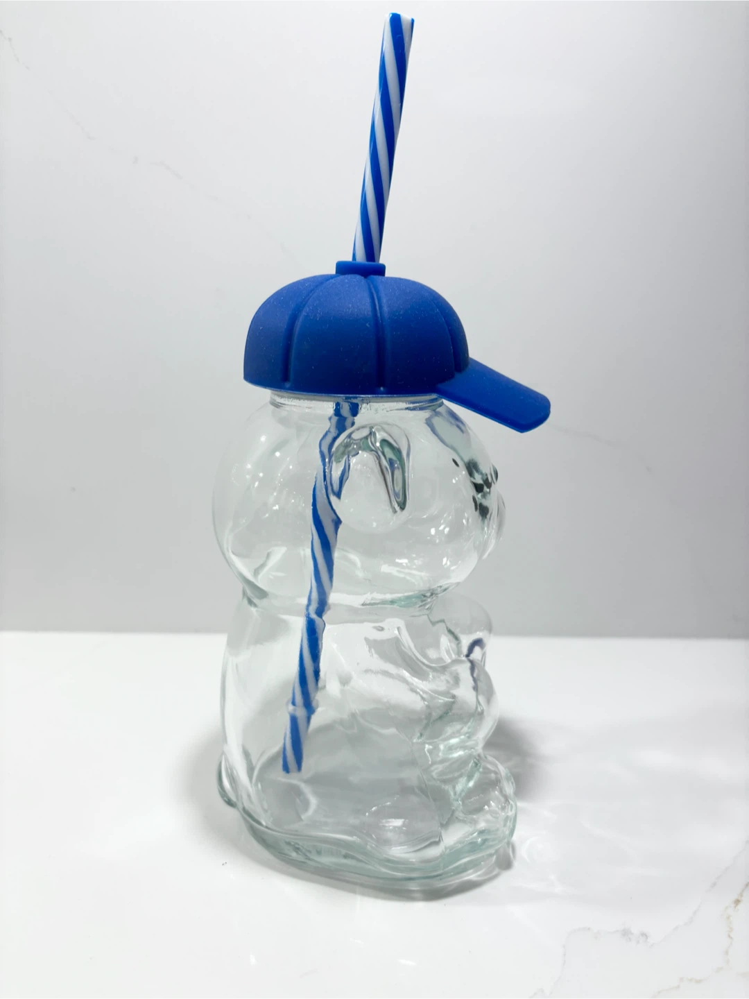 Bear Shaped Clear Glass Tumblers (2 Pc) 16.9oz BLUE Cap, RED Hat - photo 5