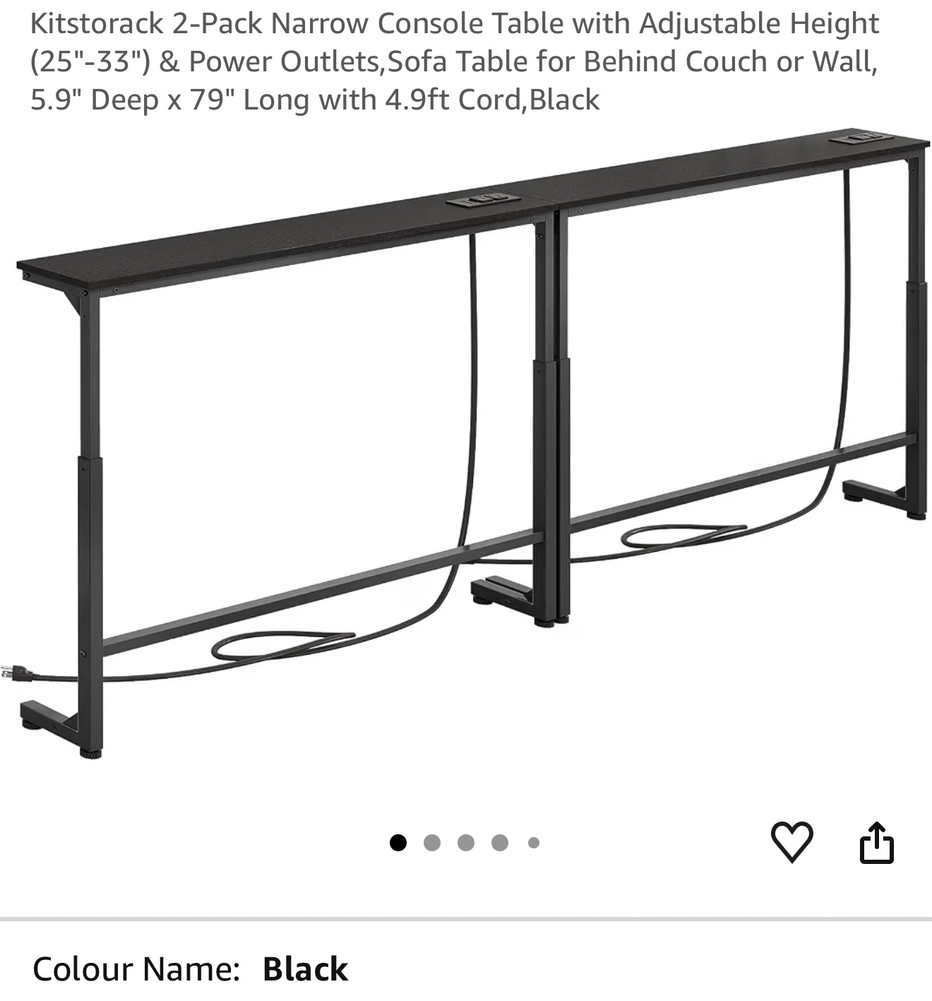 Kitstorack 2-Pack Sofa Table with Power Outlets - Black