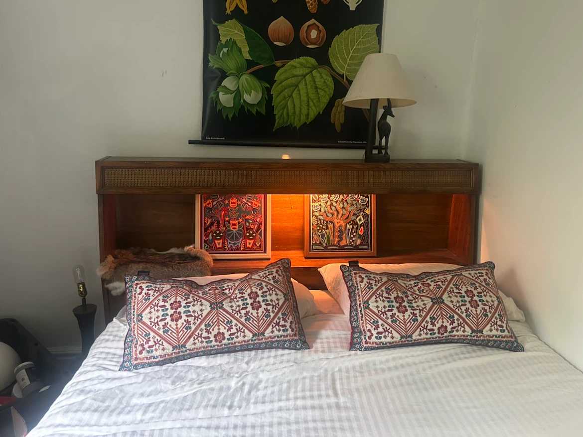 MCM Rattan and WoodHeadboard with Built-in Shelving