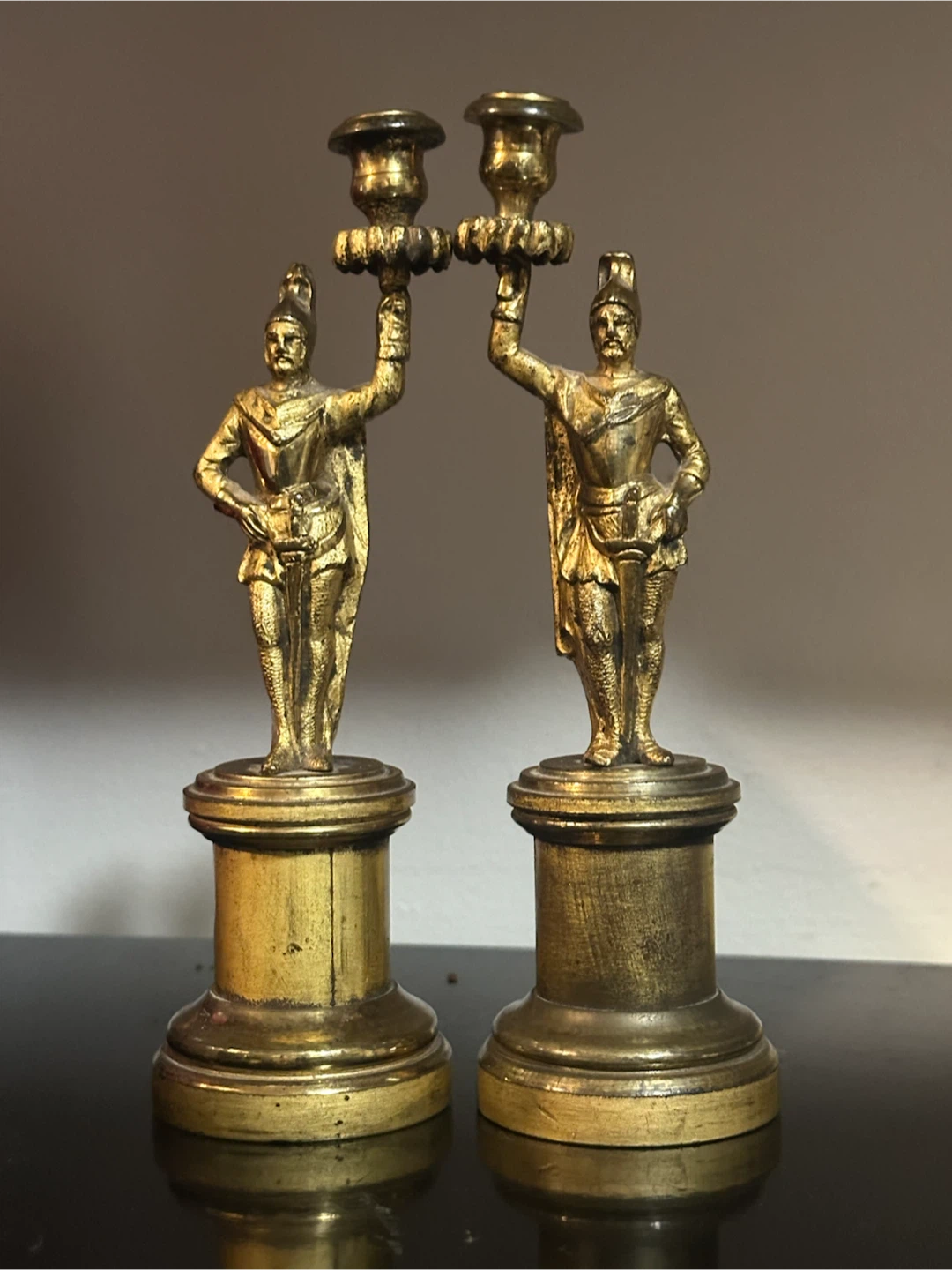 Pair Antique French Gothic Brass Knight Candlesticks