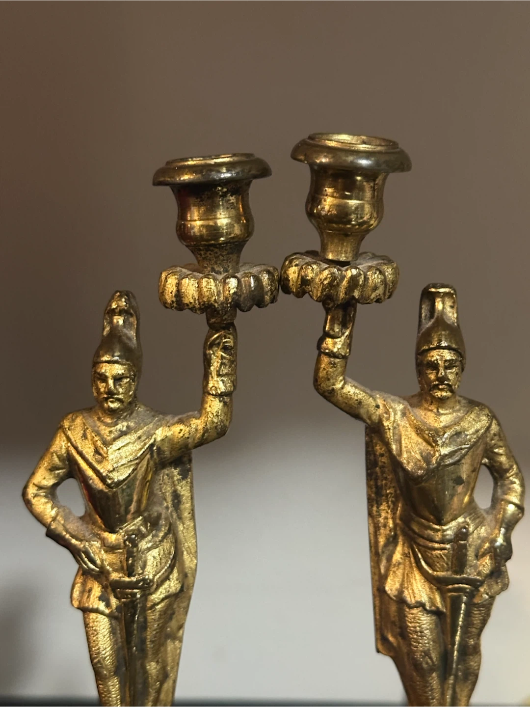 Pair Antique French Gothic Brass Knight Candlesticks - photo 2