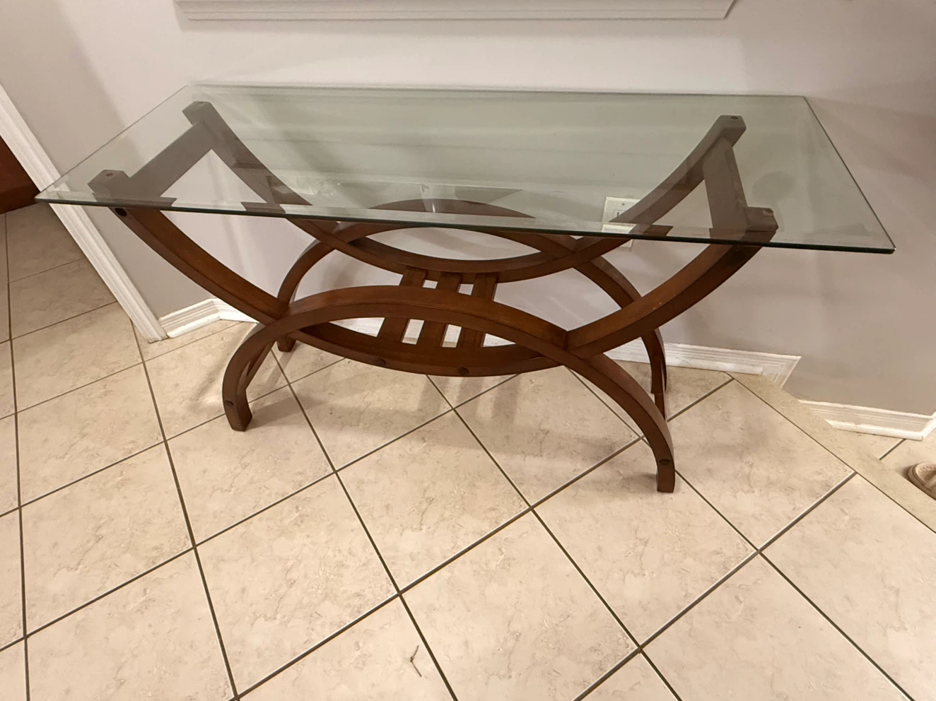 Glass Top Console Table with Wooden Base
