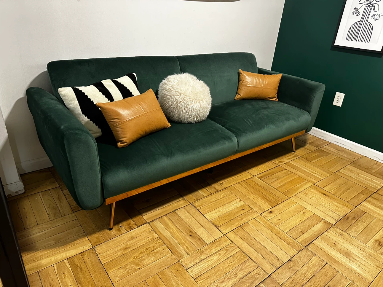 Green Velvet Sofa Convertible Daybed Gold Legs 81”