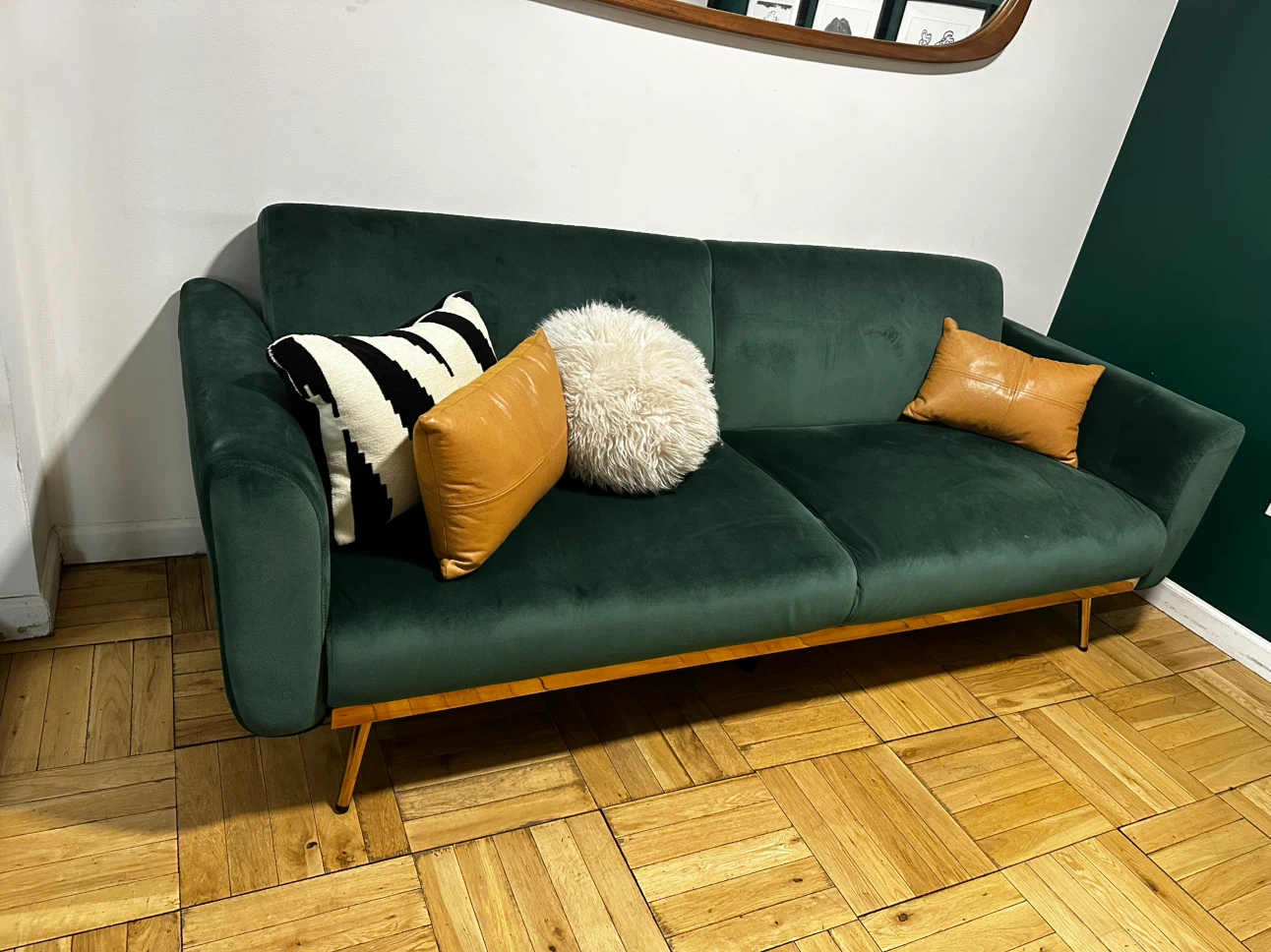 Green Velvet Sofa Convertible Daybed Gold Legs 81” - photo 2