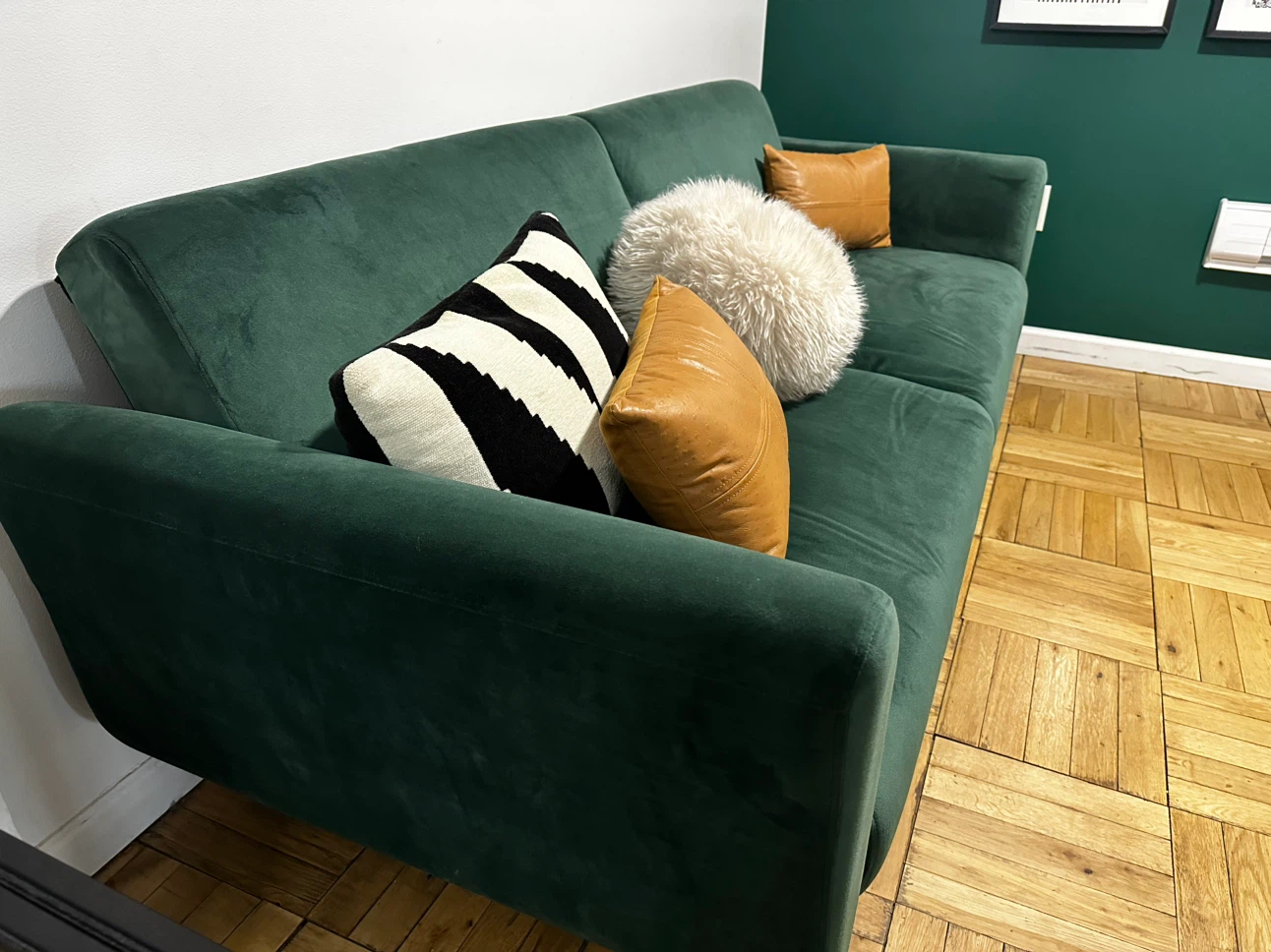Green Velvet Sofa Convertible Daybed Gold Legs 81” - photo 4