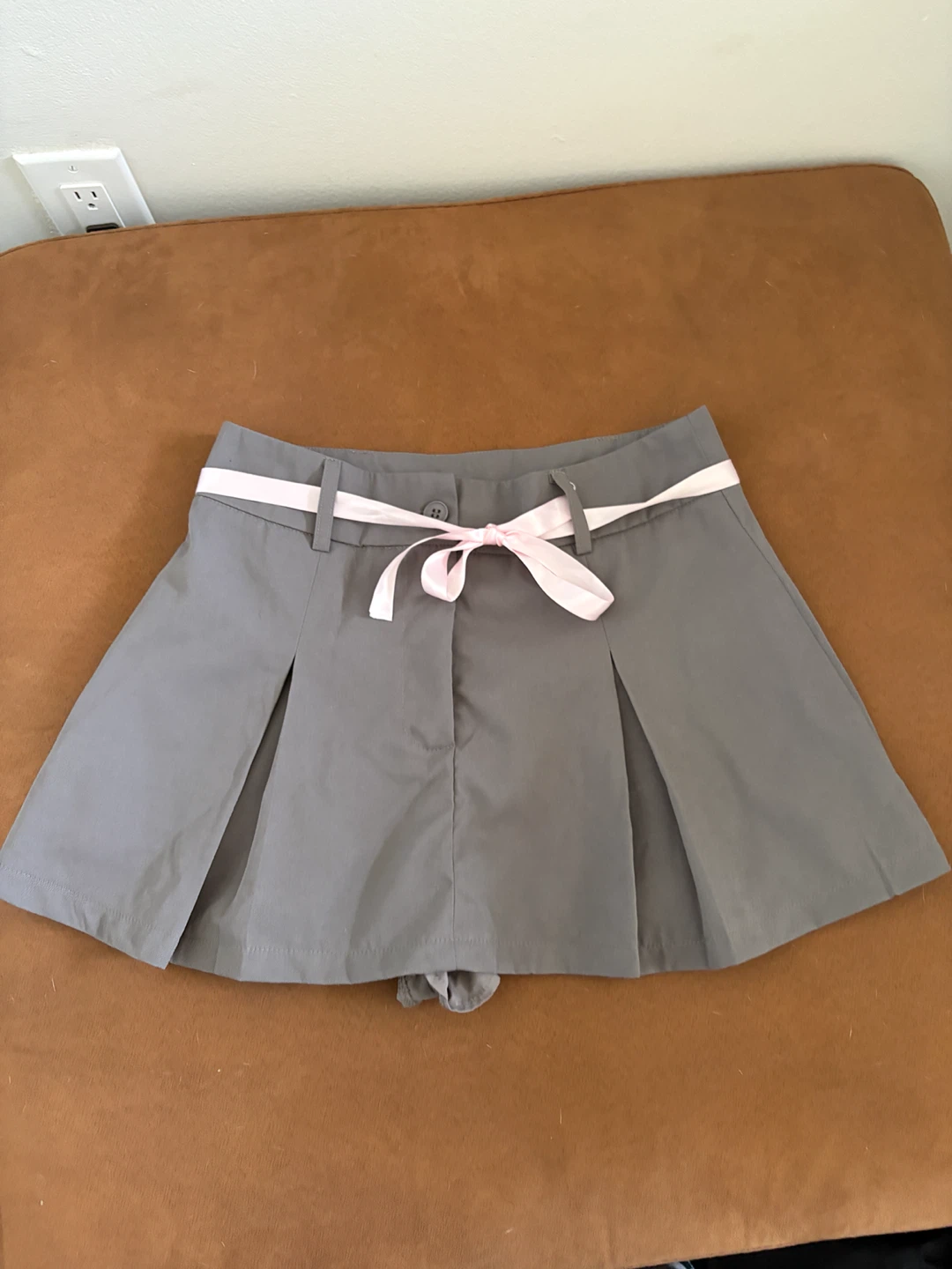 Grey Pleated Mini skirt with Pink Bow Belt
